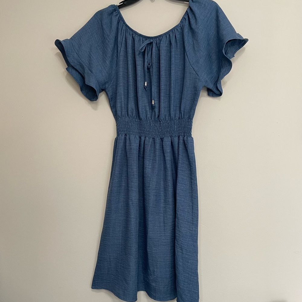 Chic Blue Midi Dress‎ with Ruffle Sleeves ~ Size Medium ~ Lightweight Casual